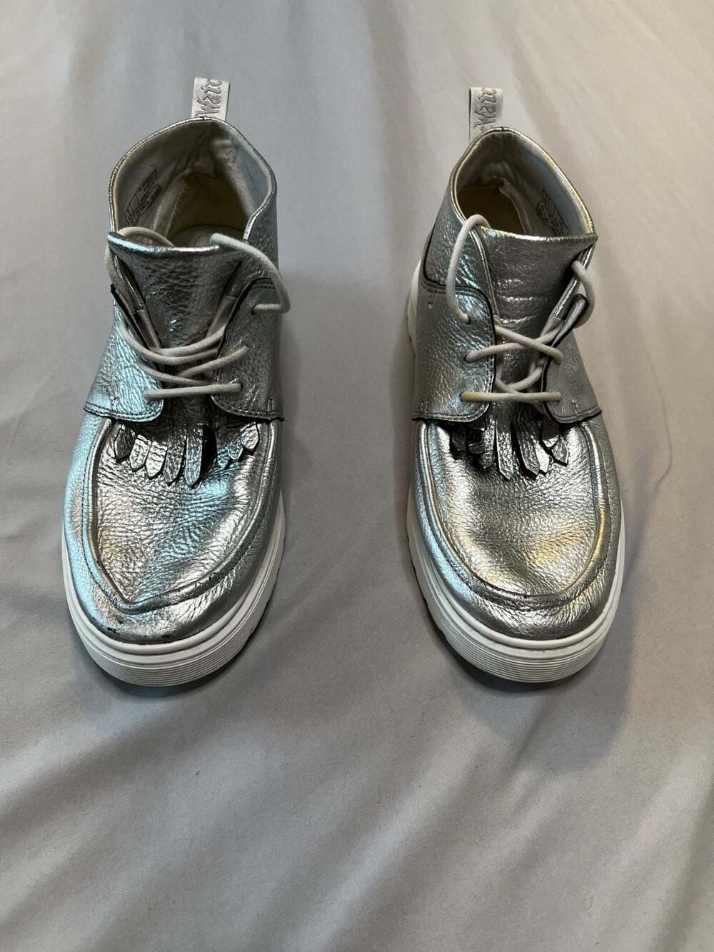 Dr. Martens Jemima Silver Metallic Leather Kiltie Chukka Boots Y2K Indie Sleaze